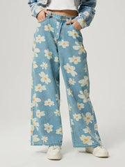 Pocketed Floral Wide Leg Jeans 