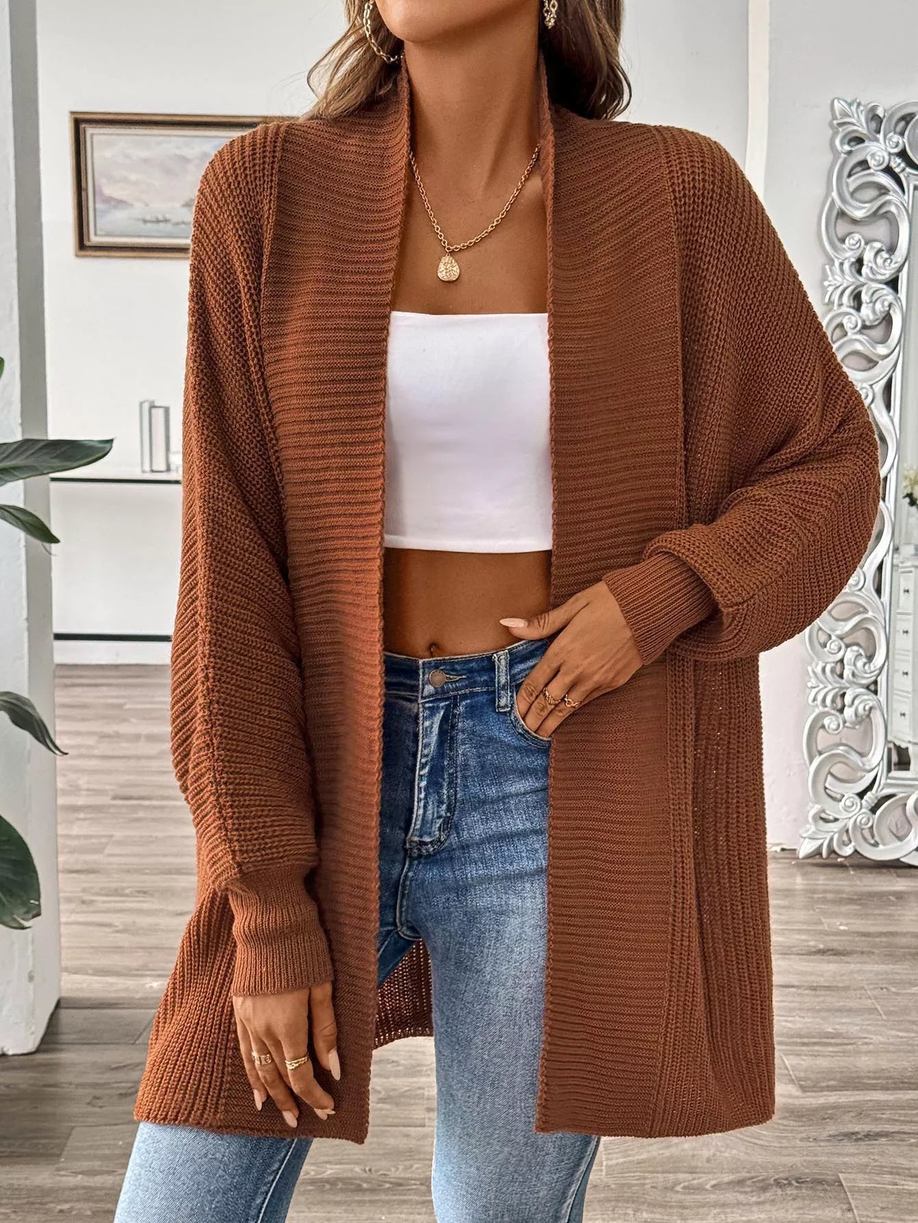 Open Front Ribbed Knit Cardigan 
