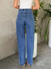 Pearl Embellished High Waist Straight Leg Jeans 