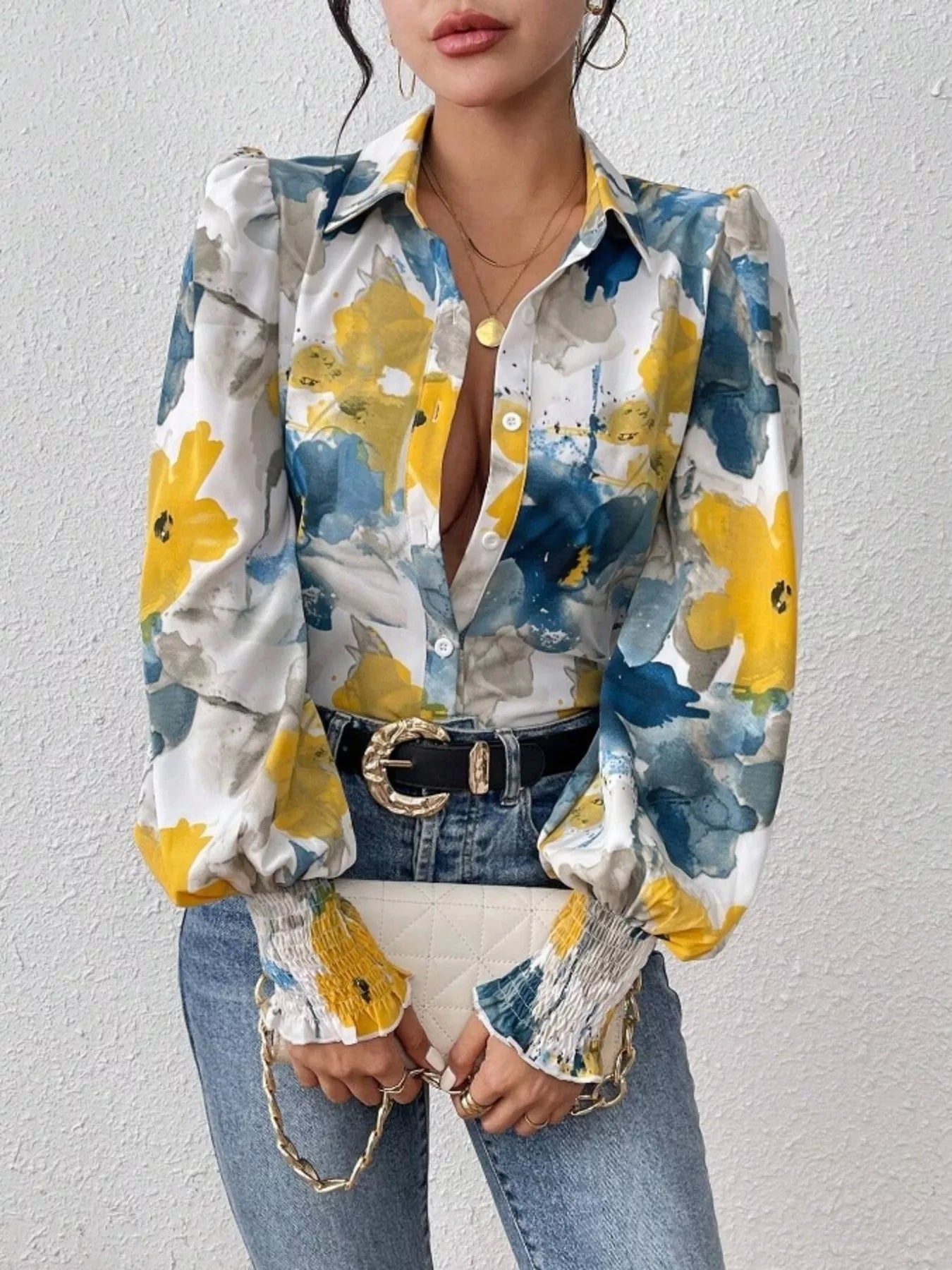 Printed Button Up Lantern Sleeve Shirt 