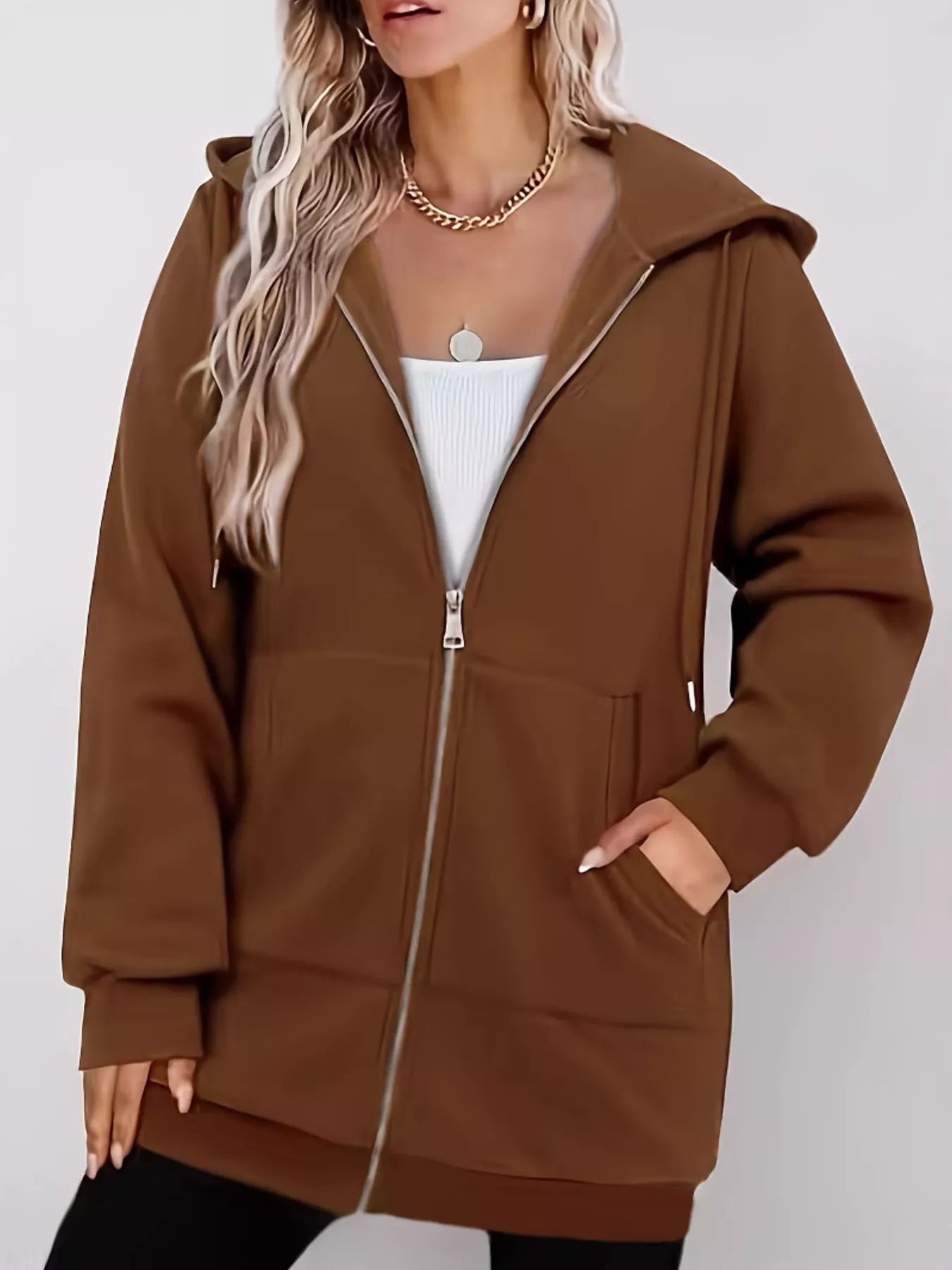 Drawstring Zip Up Long Sleeve Hoodie 
