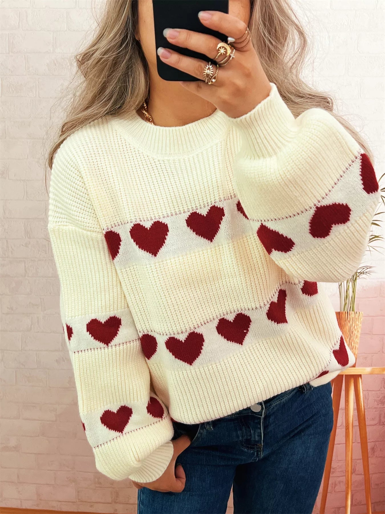 Heart Pattern Dropped Shoulder Sweater 