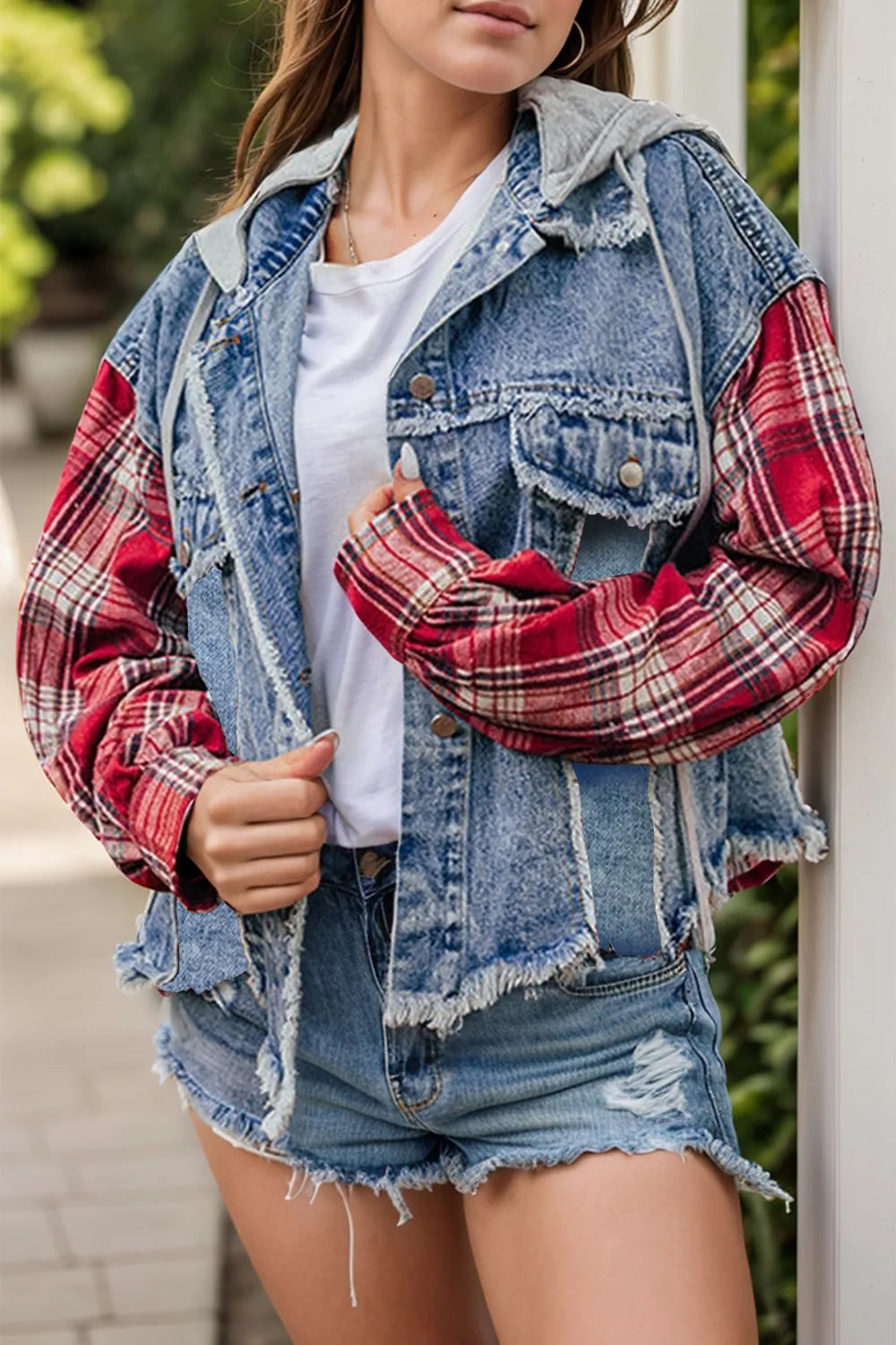 Raw Hem Drawstring Plaid Denim Jacket 