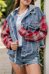 Raw Hem Drawstring Plaid Denim Jacket 