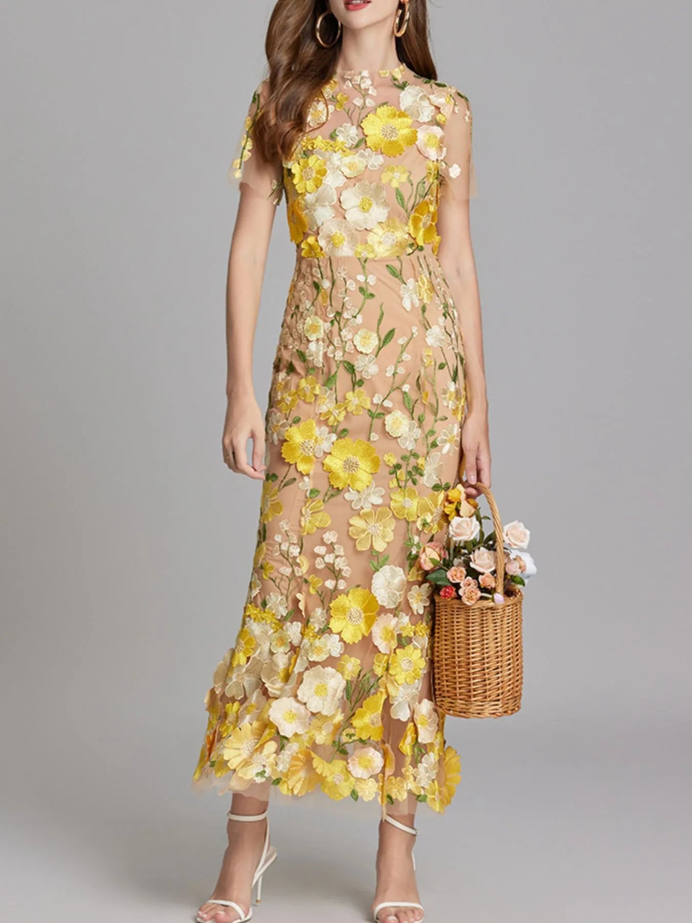 Floral Embroidered Mesh Overlay Maxi Dress 