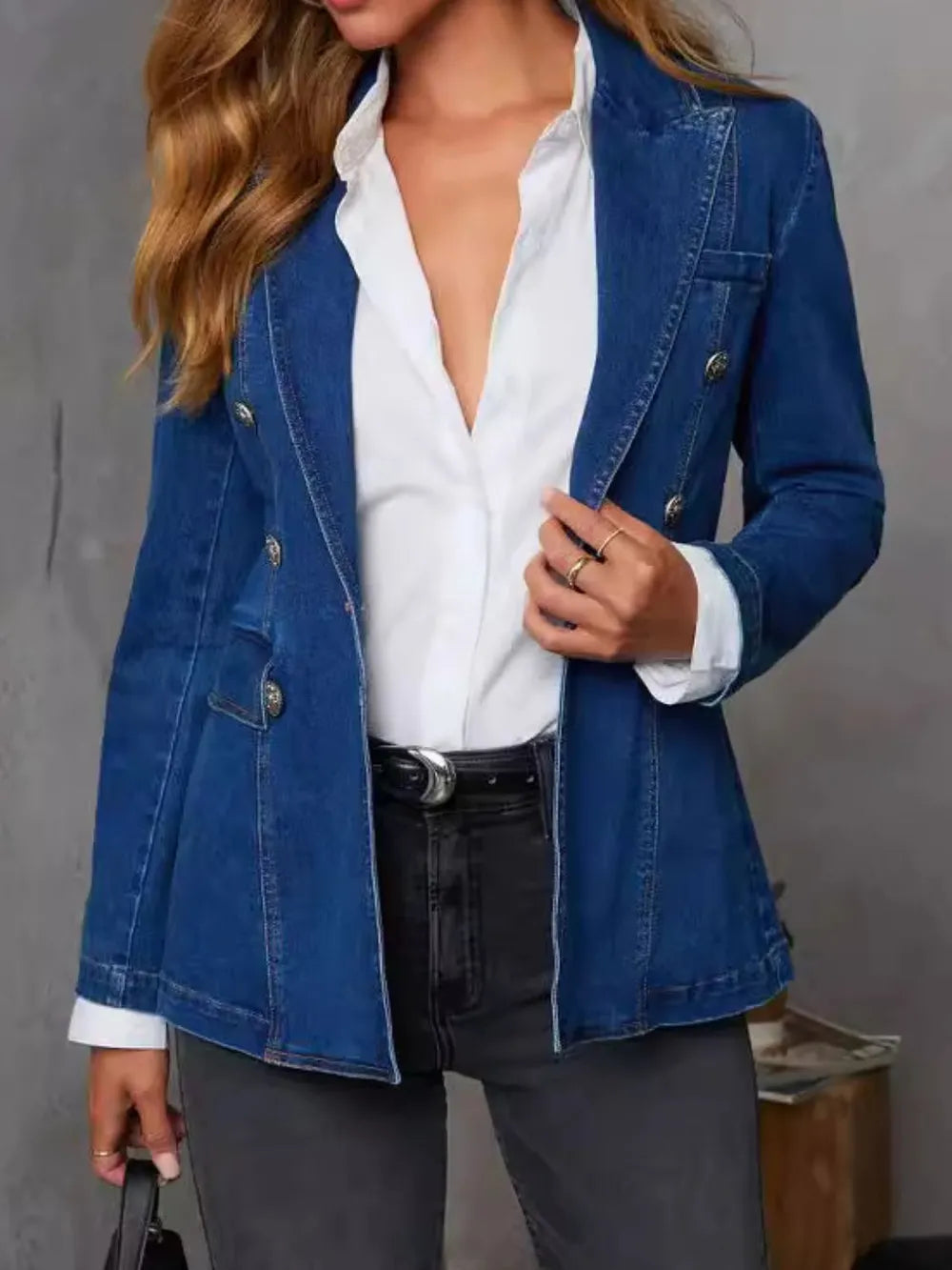 Collared Neck Long Sleeve Denim Jacket 
