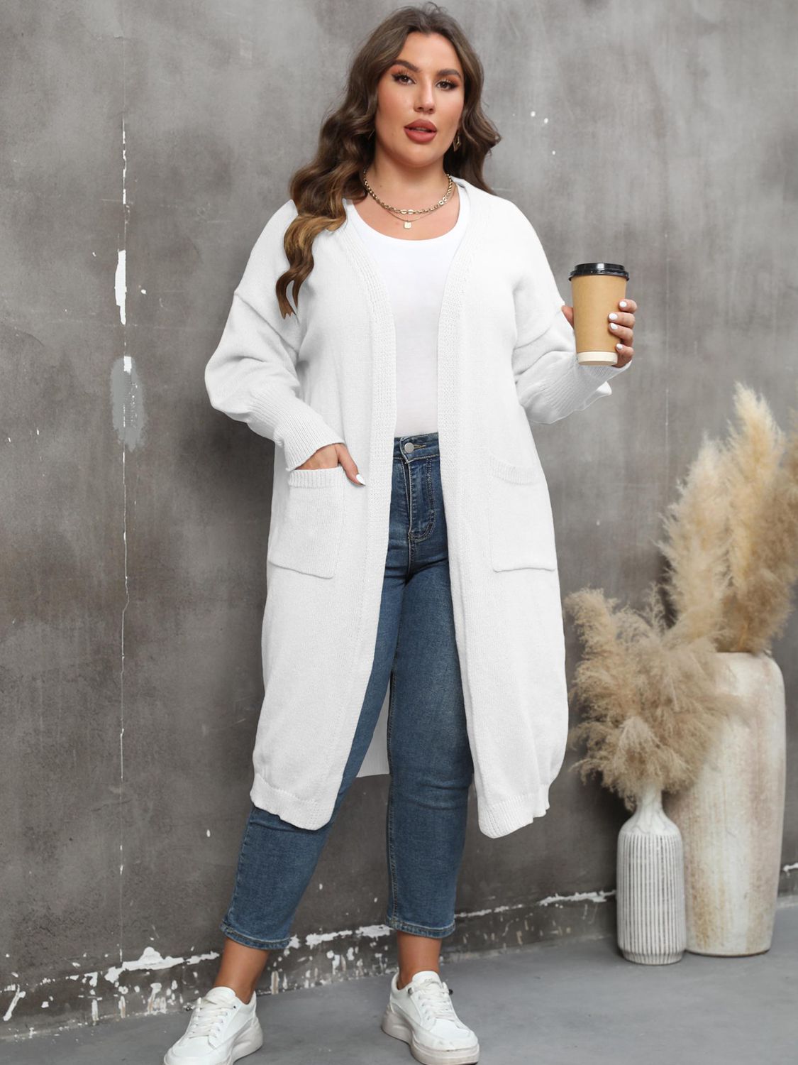 Plus Size Long Sleeve Pocketed Cardigan 
