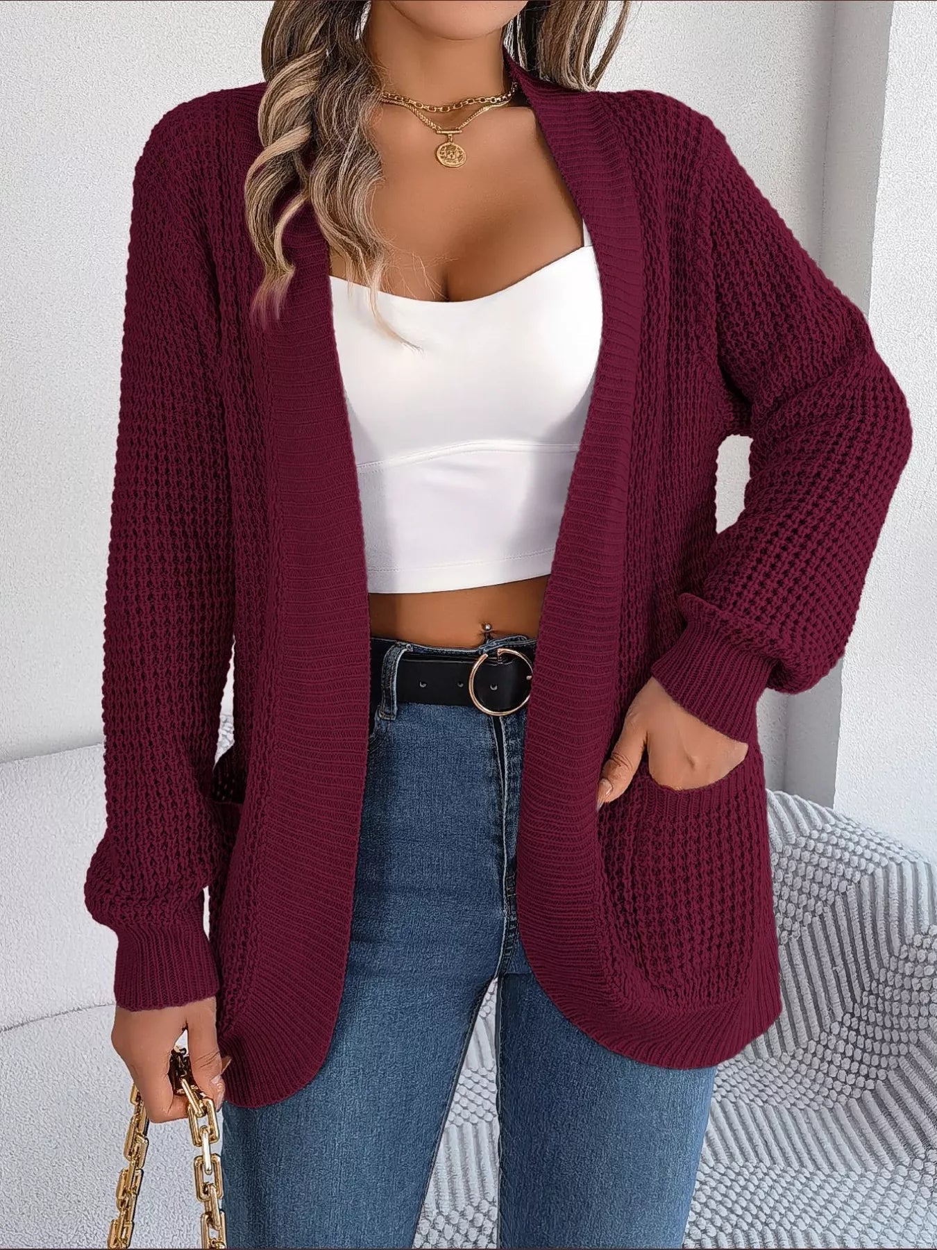 Chunky Knit Open Front Cardigan with Pockets 