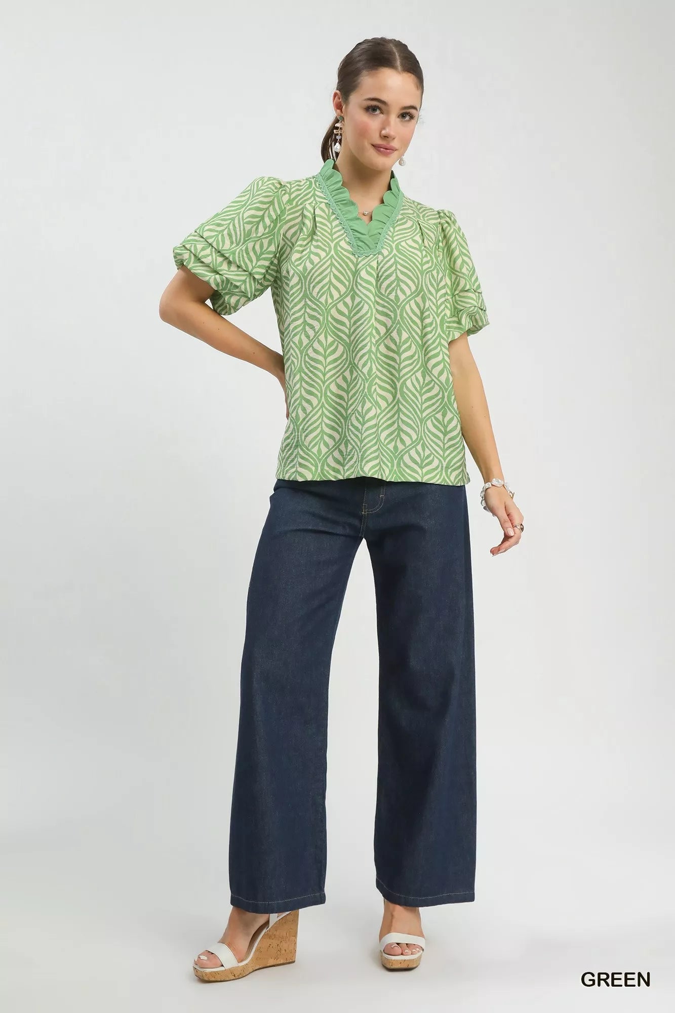 Umgee Printed Puff Sleeve Ruffle Neck Top 