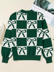 Checkered Bow Round Neck Casual Sweater 