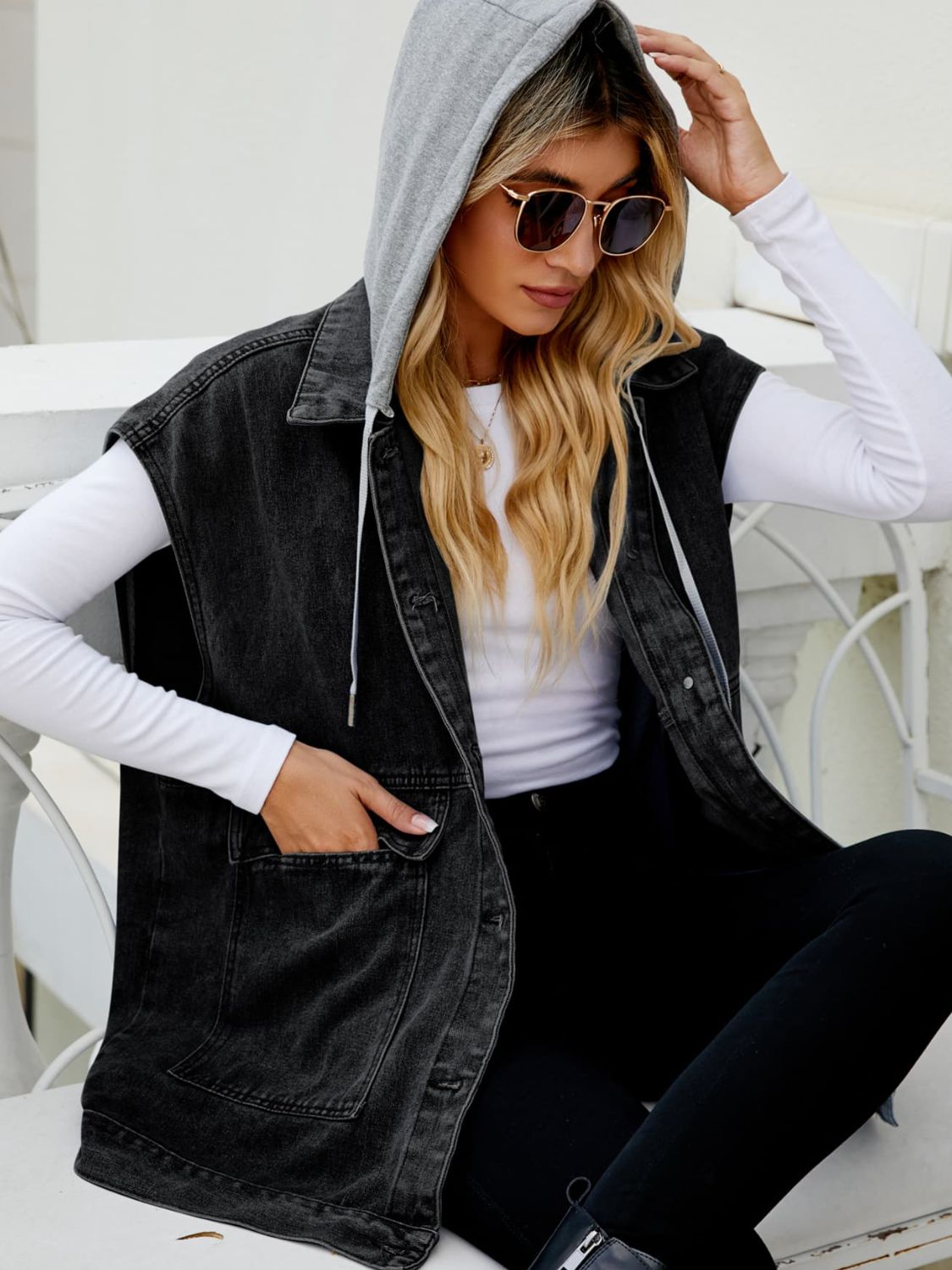 Hooded Sleeveless Denim Top with Pockets 