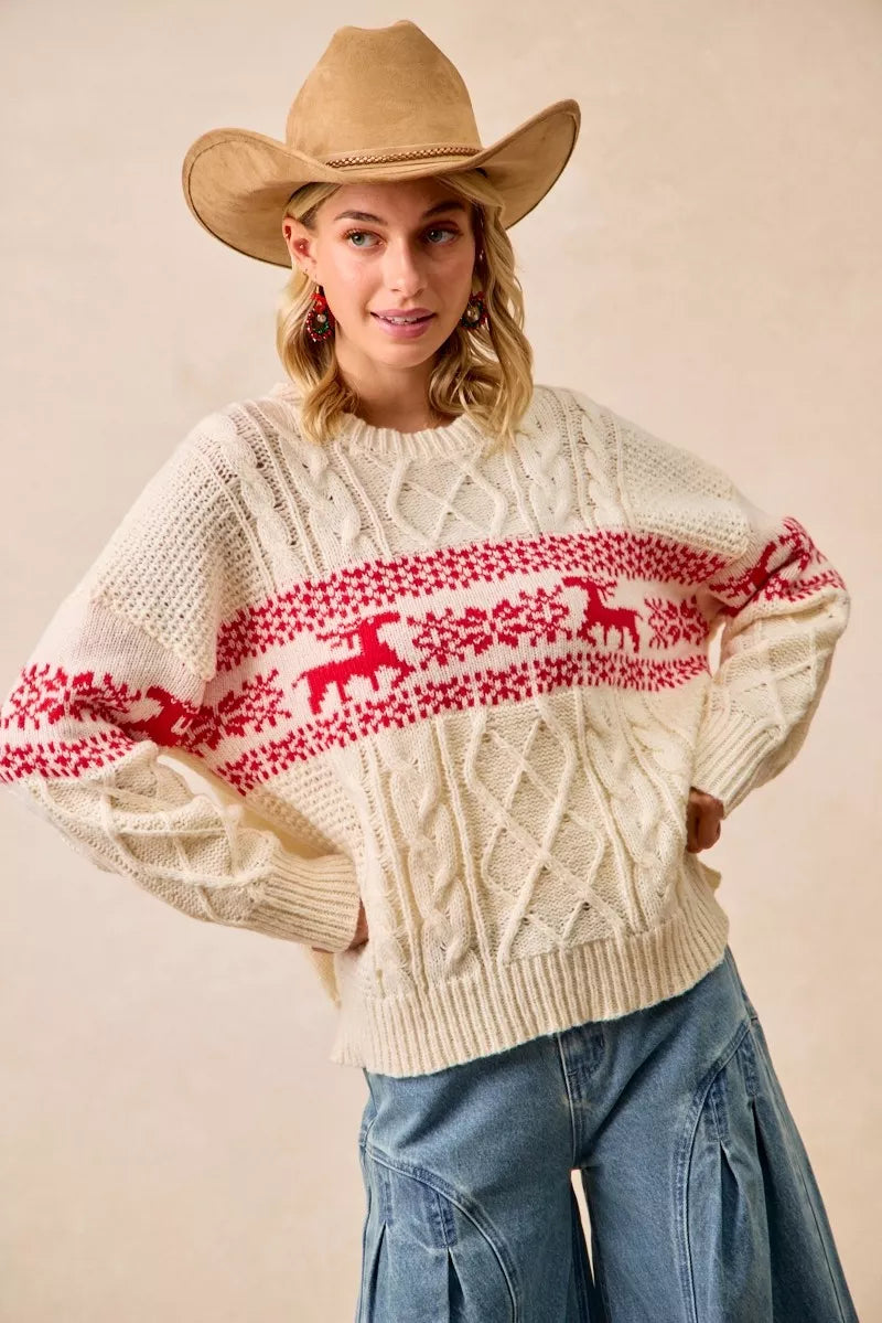 BiBi Christmas Theme Patterned Cable Knit Sweater 