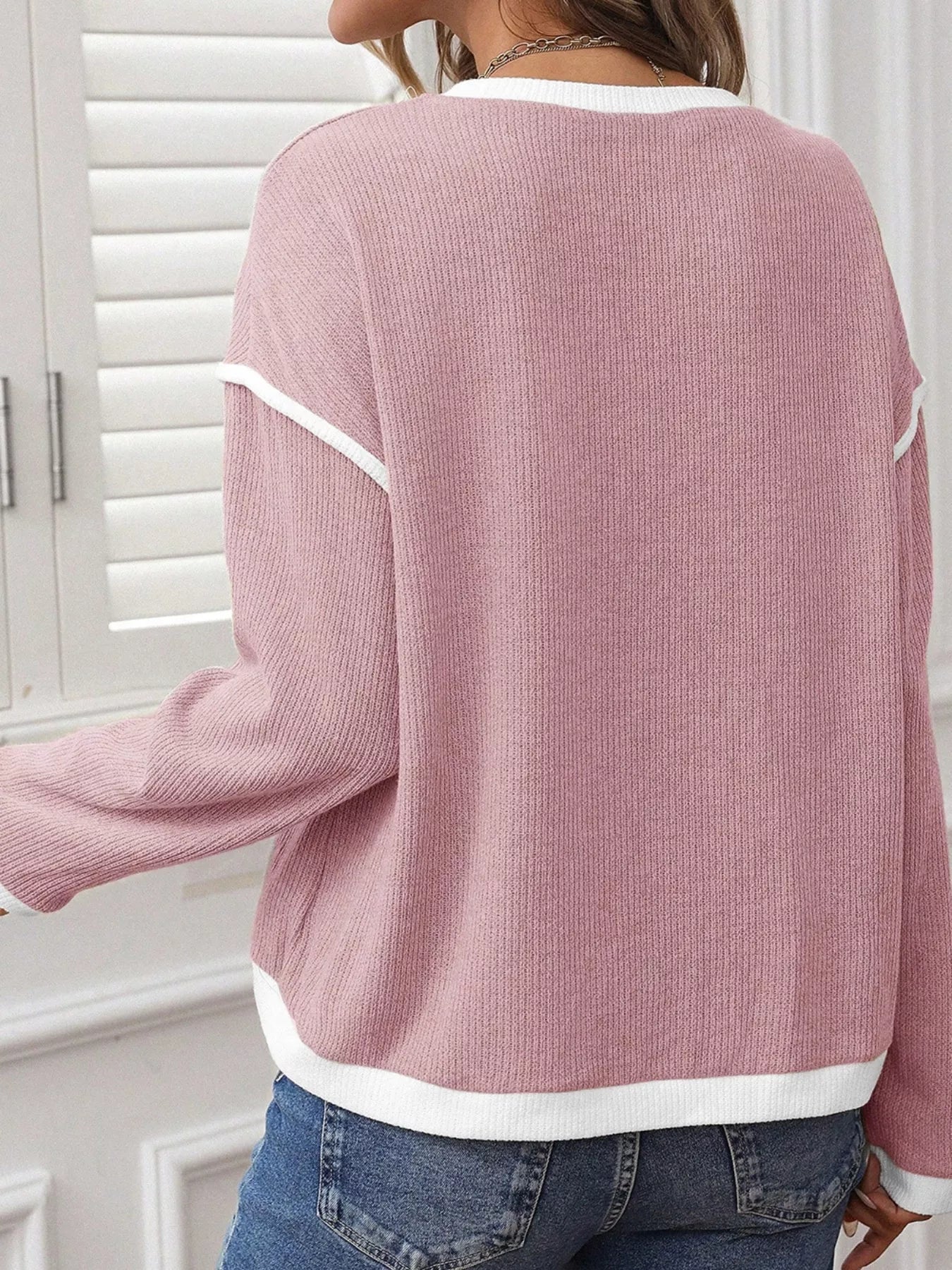 Contrast Color Trim Knit Drop Shoulder Loose Top 