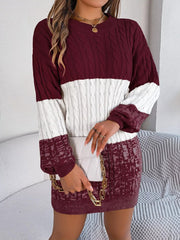 Color Block Cable Knit Sweater Dress with Textured Pattern 