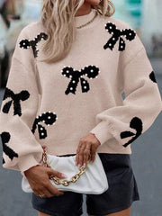 Pearl Embellished Bow Pattern Loose Sweater 