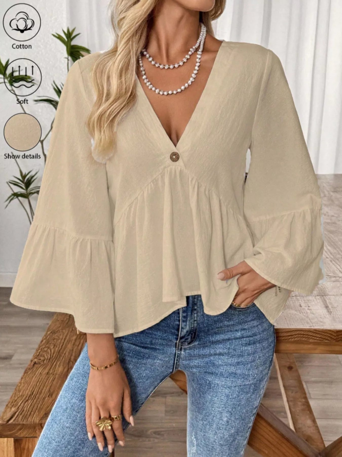 V-Neck Bell Sleeve Blouse 