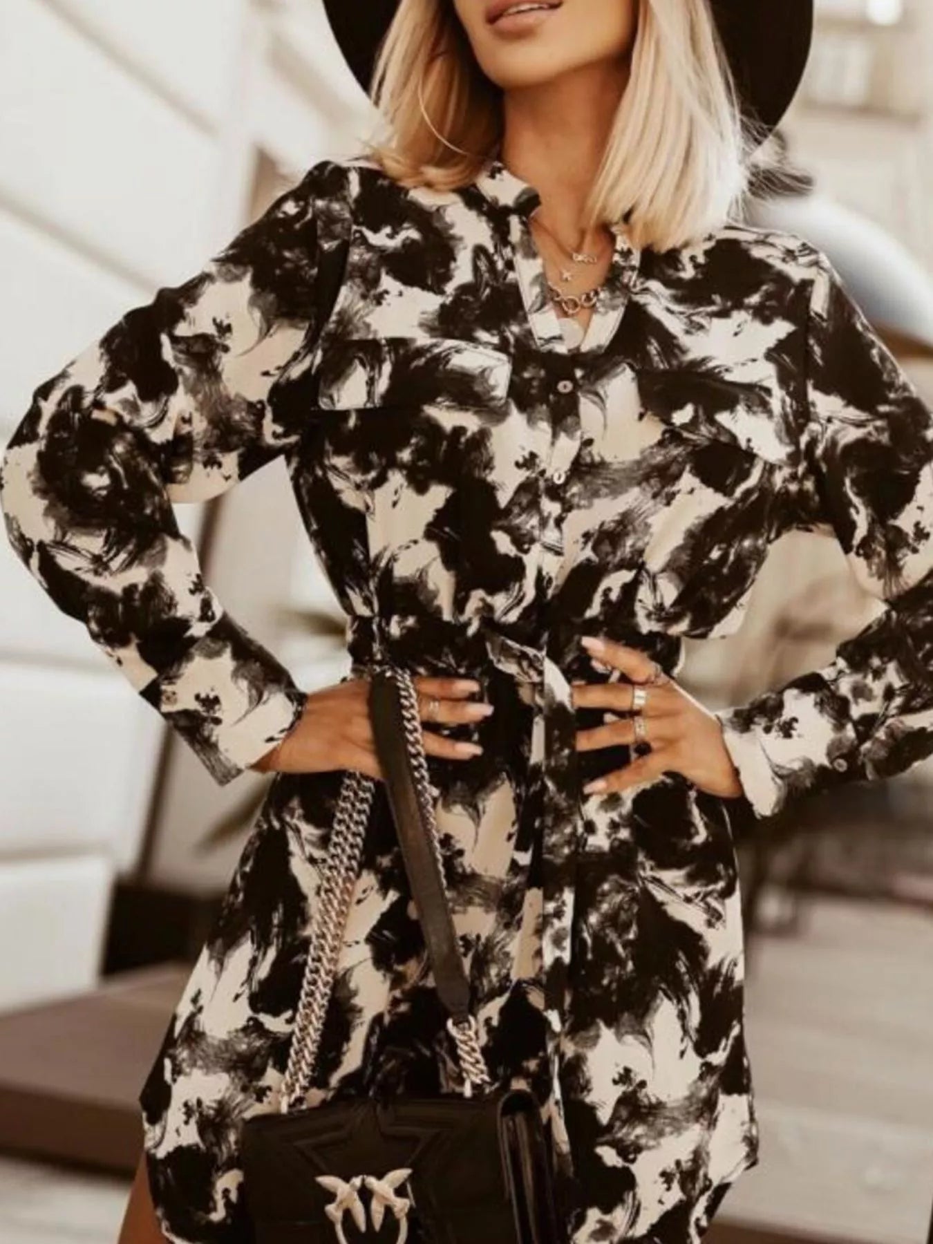 Printed Button Front Long Sleeve Dress 