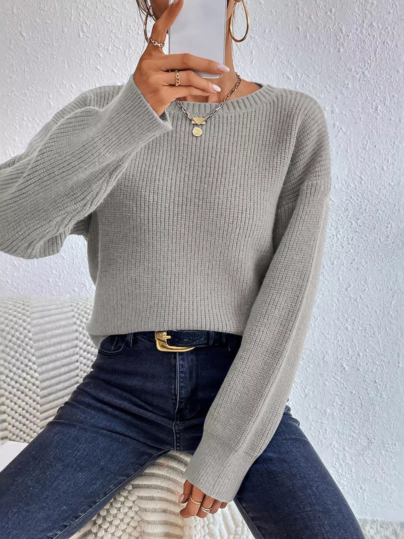 Ribbed Knit Dropped Shoulder Sweater 