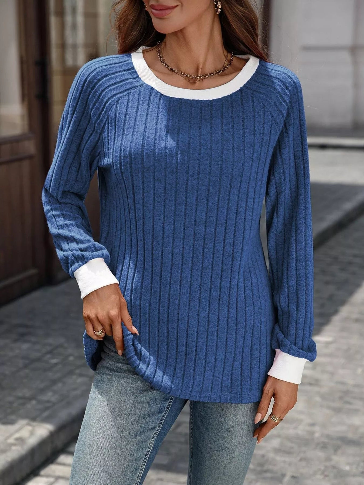 Ribbed Round Neck Raglan Sleeve Knit Top 