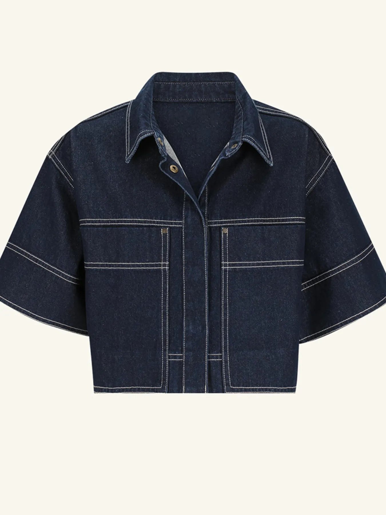 Cropped Short Sleeve Contrast Stitch Denim Top 