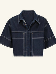 Cropped Short Sleeve Contrast Stitch Denim Top 