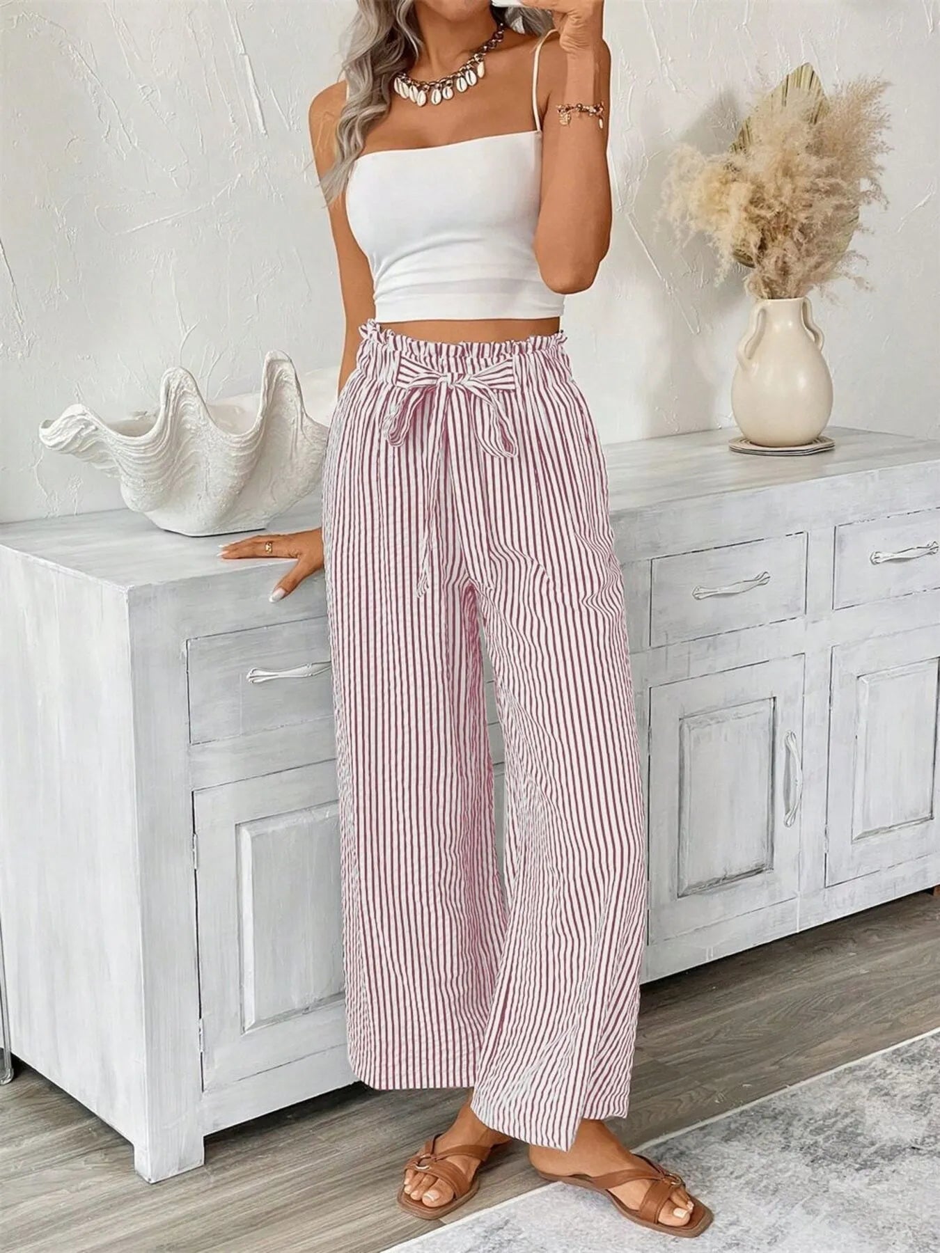 Full Size Striped Wide Leg Paper Bag Pants Plus Size 
