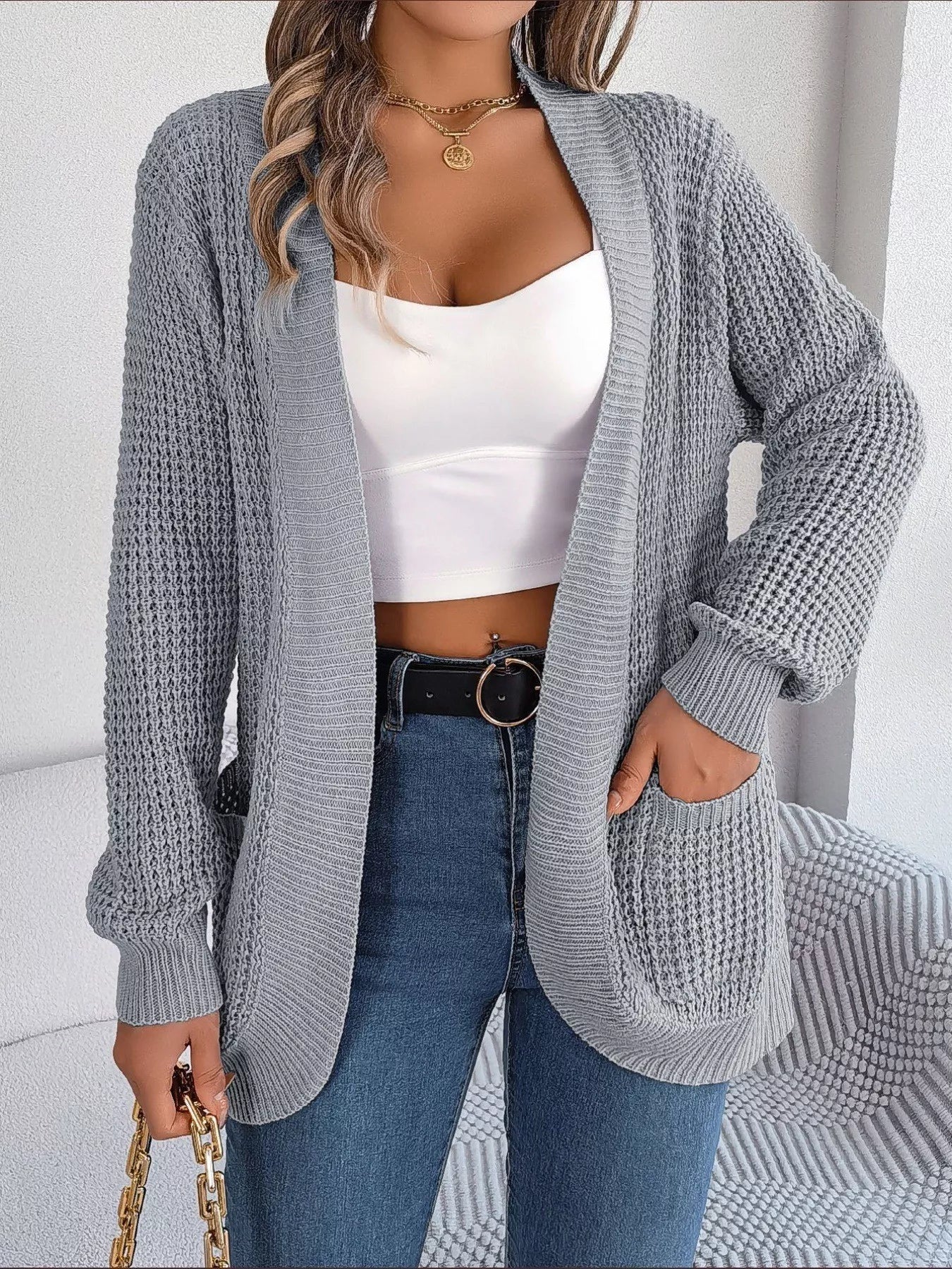 Chunky Knit Open Front Cardigan with Pockets 