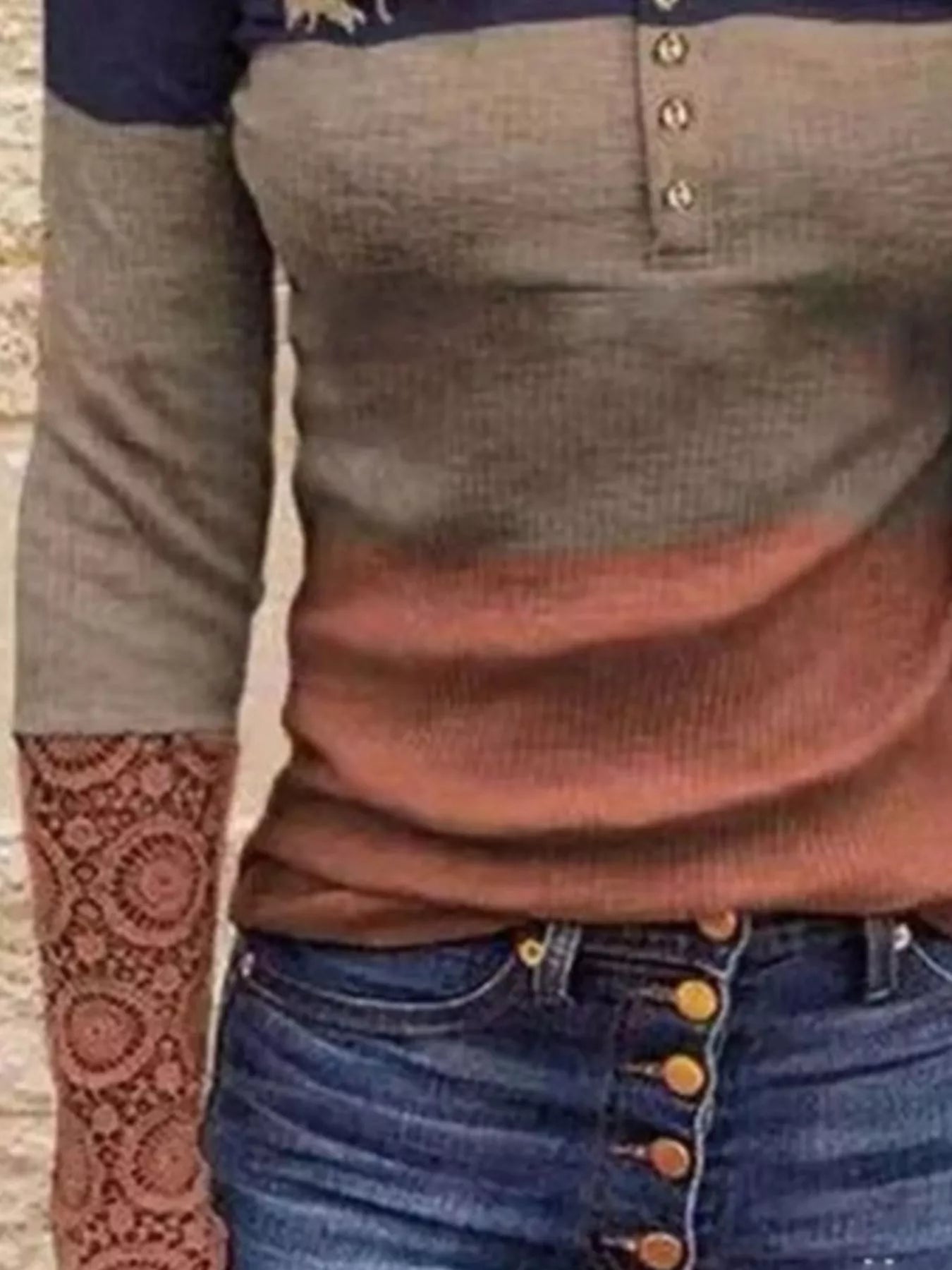 Color Block Lace Detail Half Button T-Shirt 