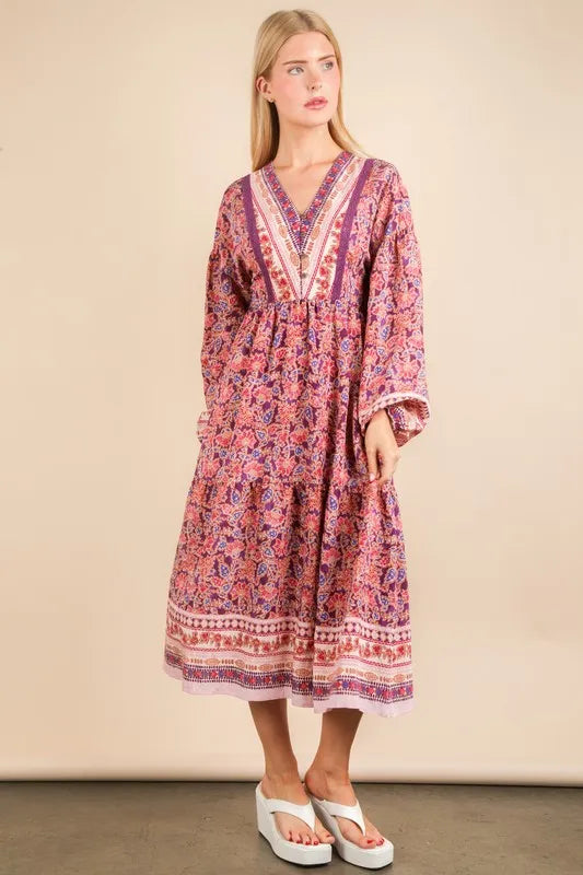 VERY J Floral Printed Boho V-Neck Balloon Sleeve Dress 