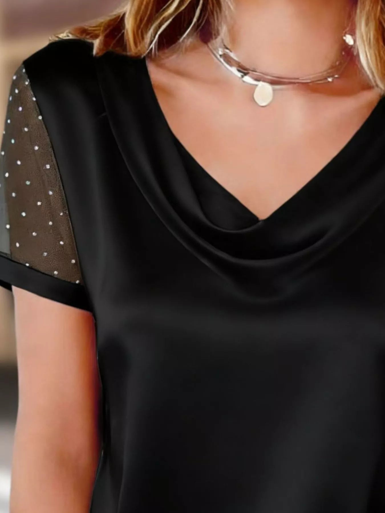 Cowl Neck Polka Dot Short Sleeve Top 