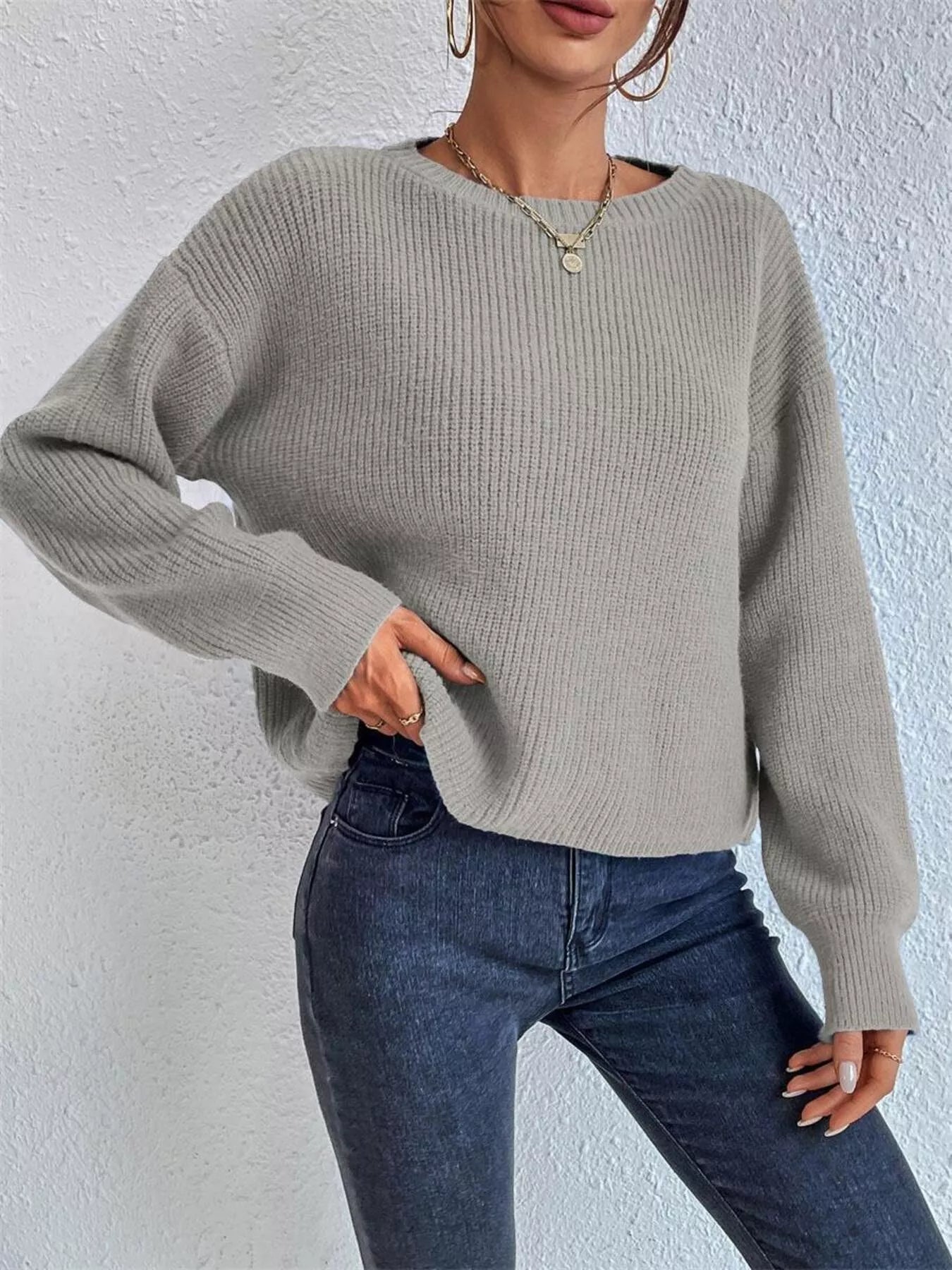 Ribbed Knit Dropped Shoulder Sweater 