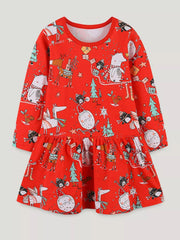 Children's Christmas Print Long Sleeve Dress 