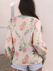 Floral Pattern Striped V Neck Loose Sweater 