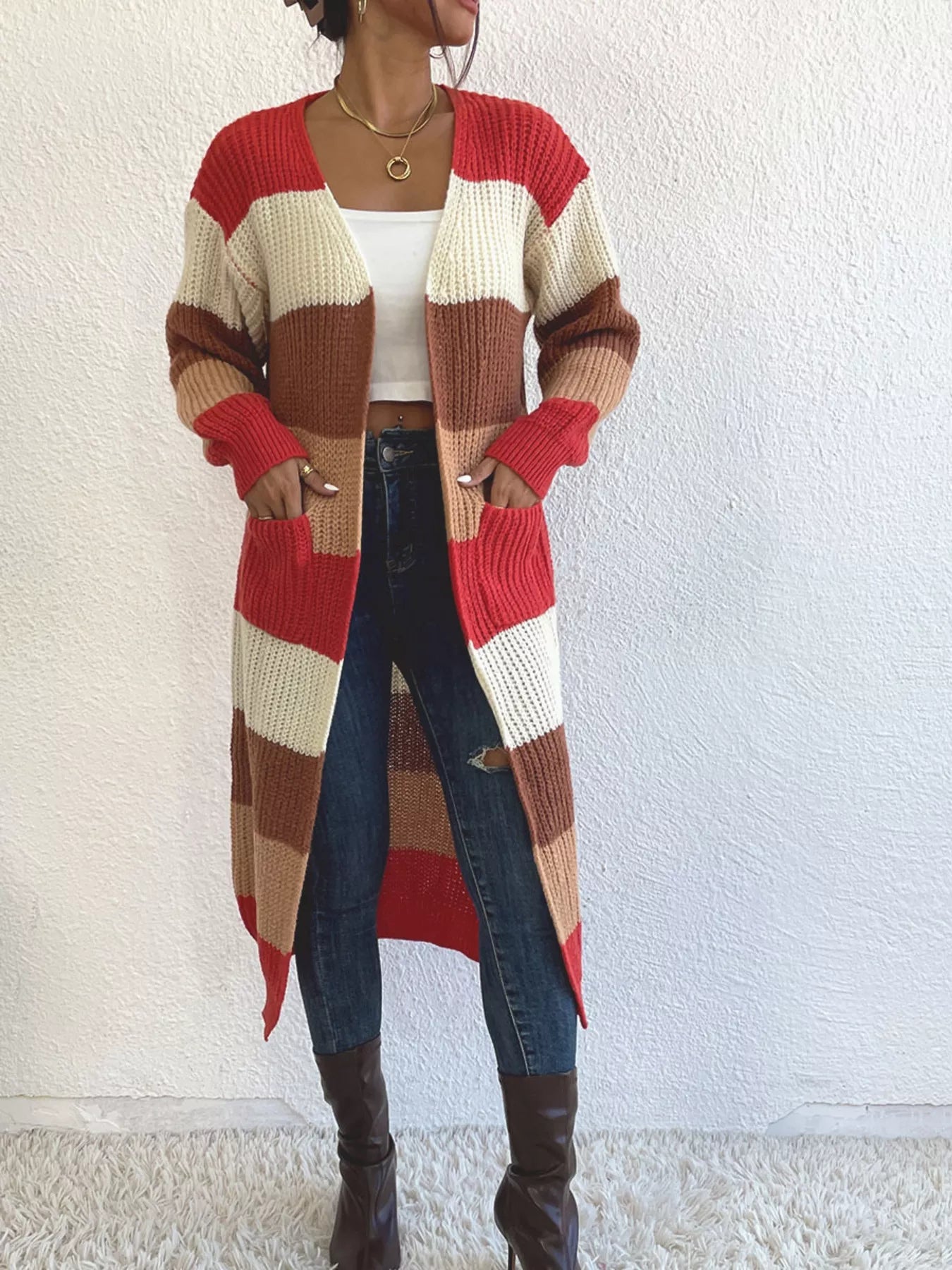 Striped Color Block Open Front Knit Cardigan 