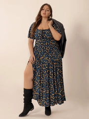 Plus Size Printed Short Sleeve Slit Tiered Maxi Dress 