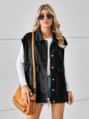 Pocketed Button Up Sleeveless Denim Jacket 