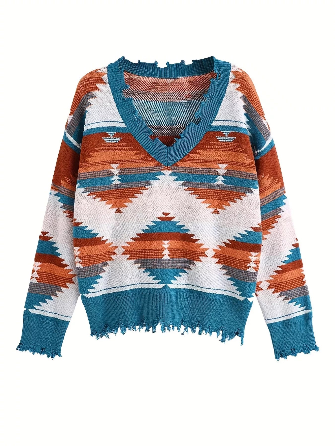 Geometric Frayed Hem V-Neck Long Sleeve Sweater 