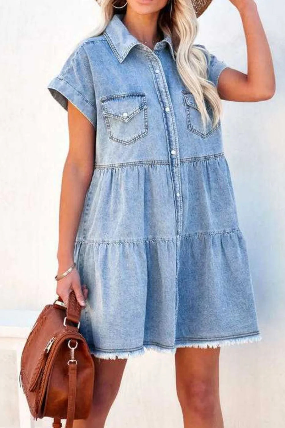 Raw Hem Button Down Denim Mini Dress 