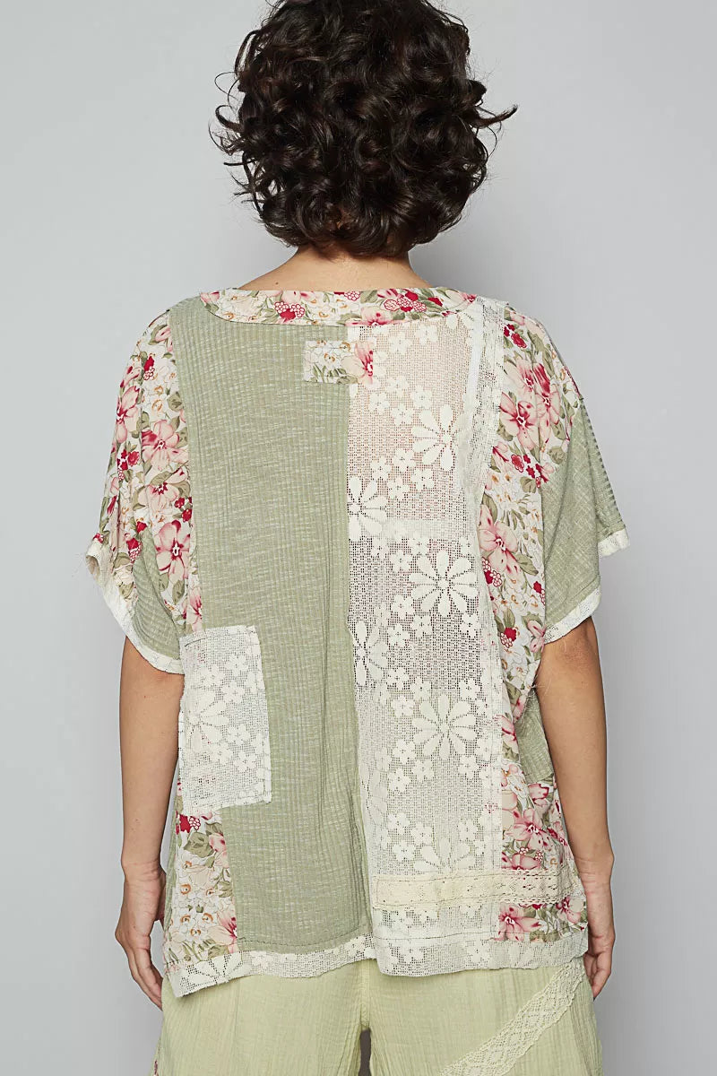 POL Lace Round Neck Short Sleeve Floral Pattern Top with Patch Detail 