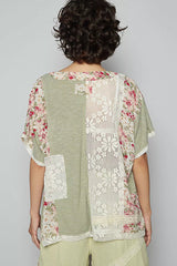 POL Lace Round Neck Short Sleeve Floral Pattern Top with Patch Detail 