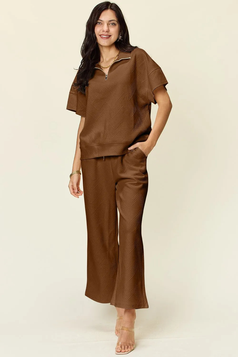 Double Take Full Size Texture Half Zip Short Sleeve Top and Pants Set 
