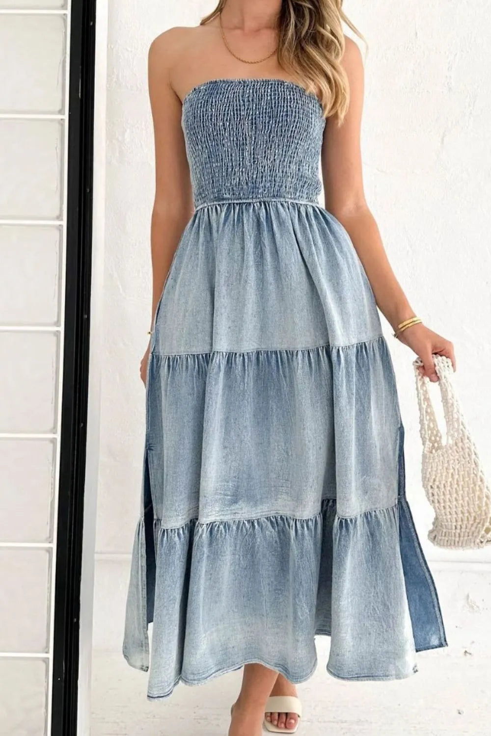 Smocked Tube Slit Tiered Denim Dress 