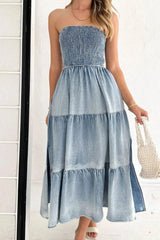 Smocked Tube Slit Tiered Denim Dress 