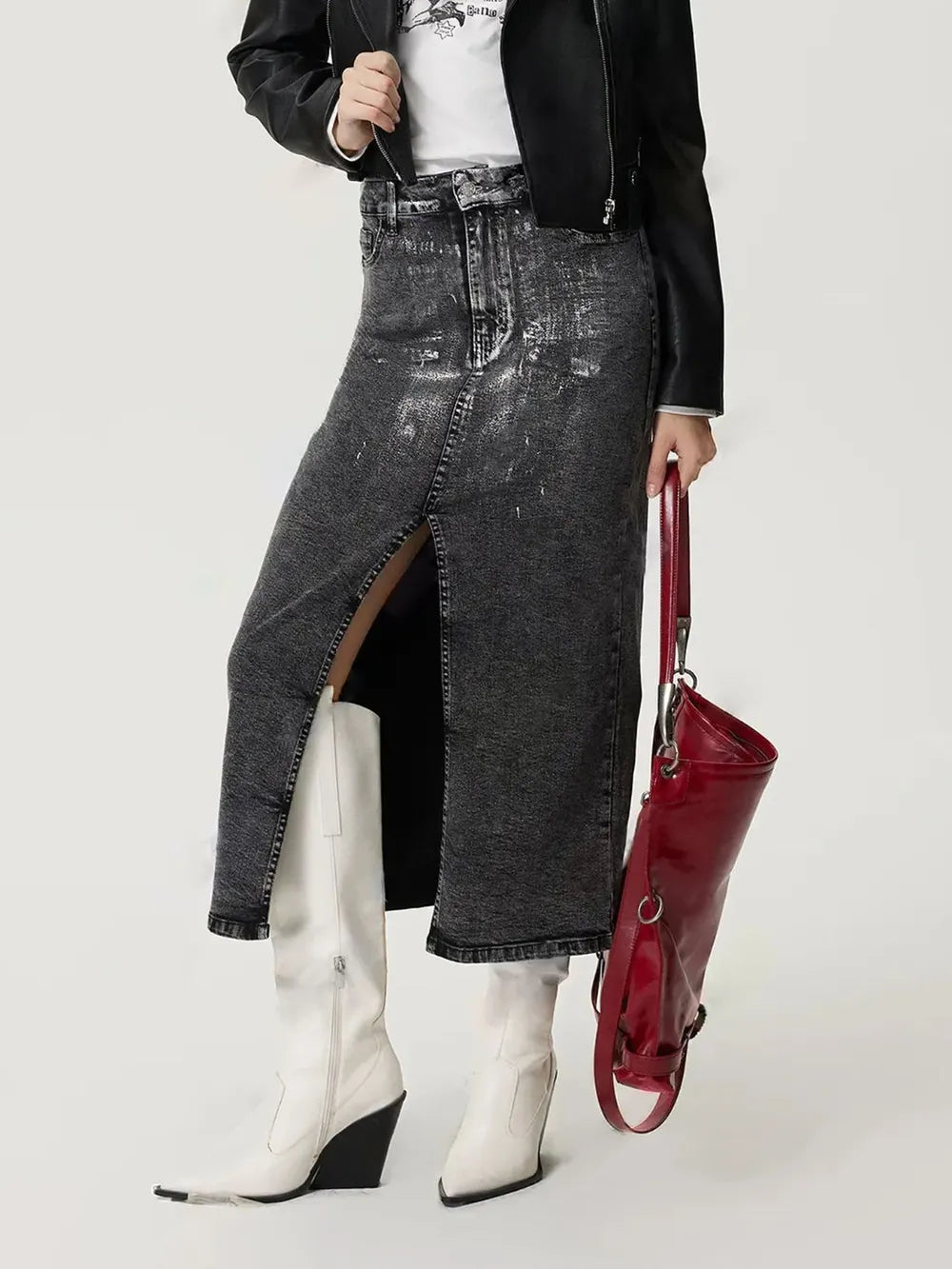 Slit Midi Denim Skirt with Pockets 