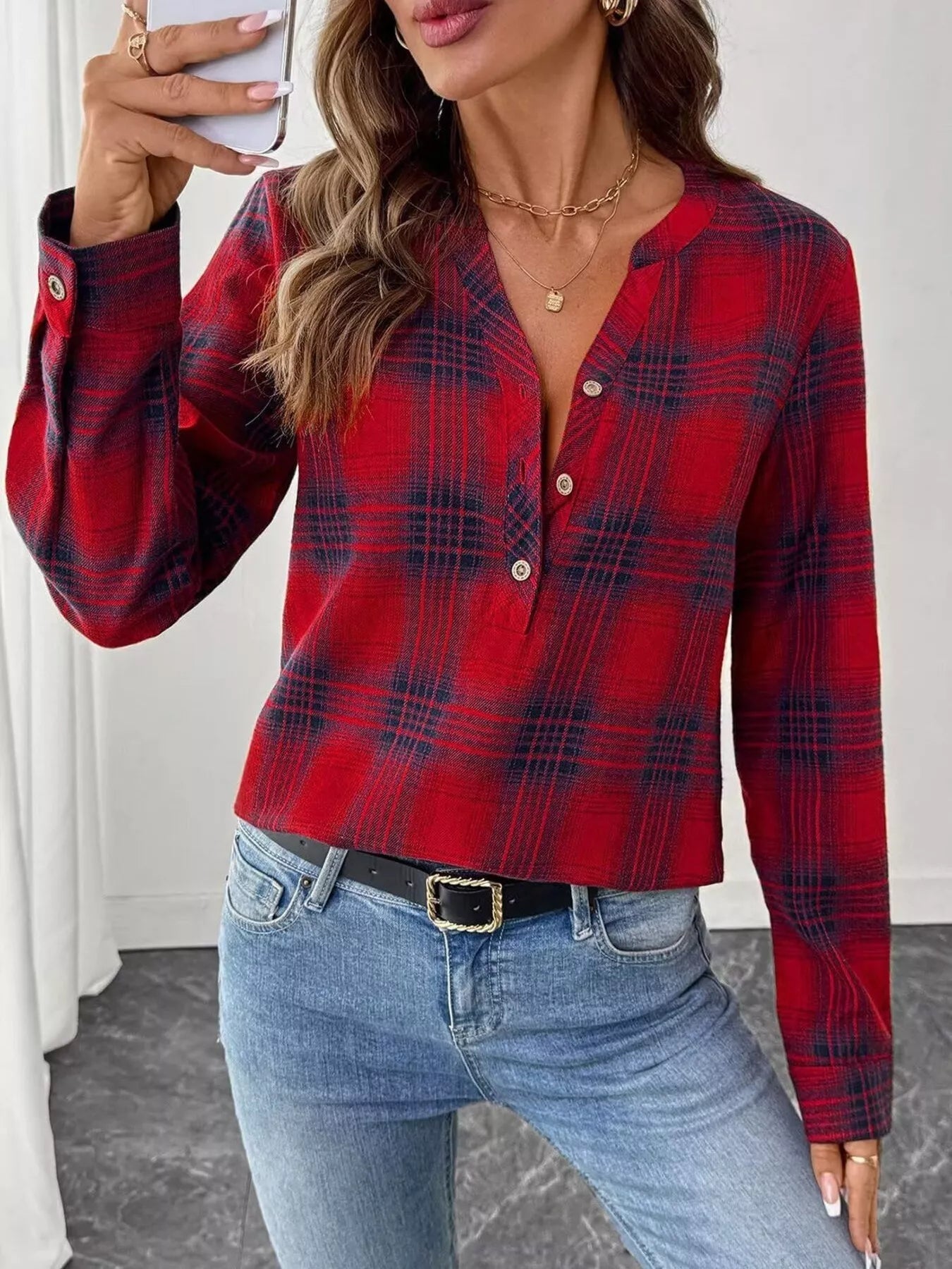 Plaid Half Button Long Sleeve Blouse 