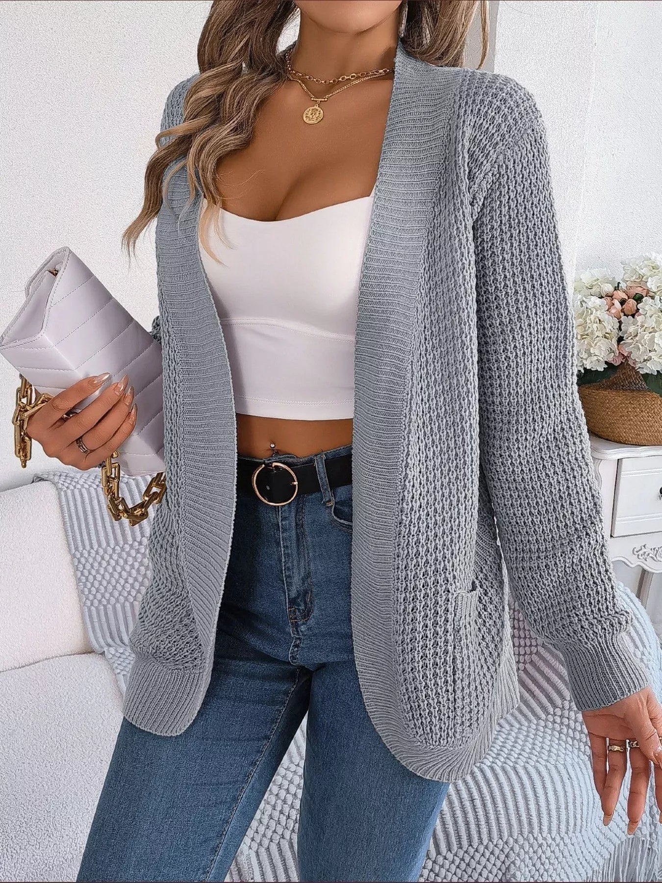 Chunky Knit Open Front Cardigan with Pockets 