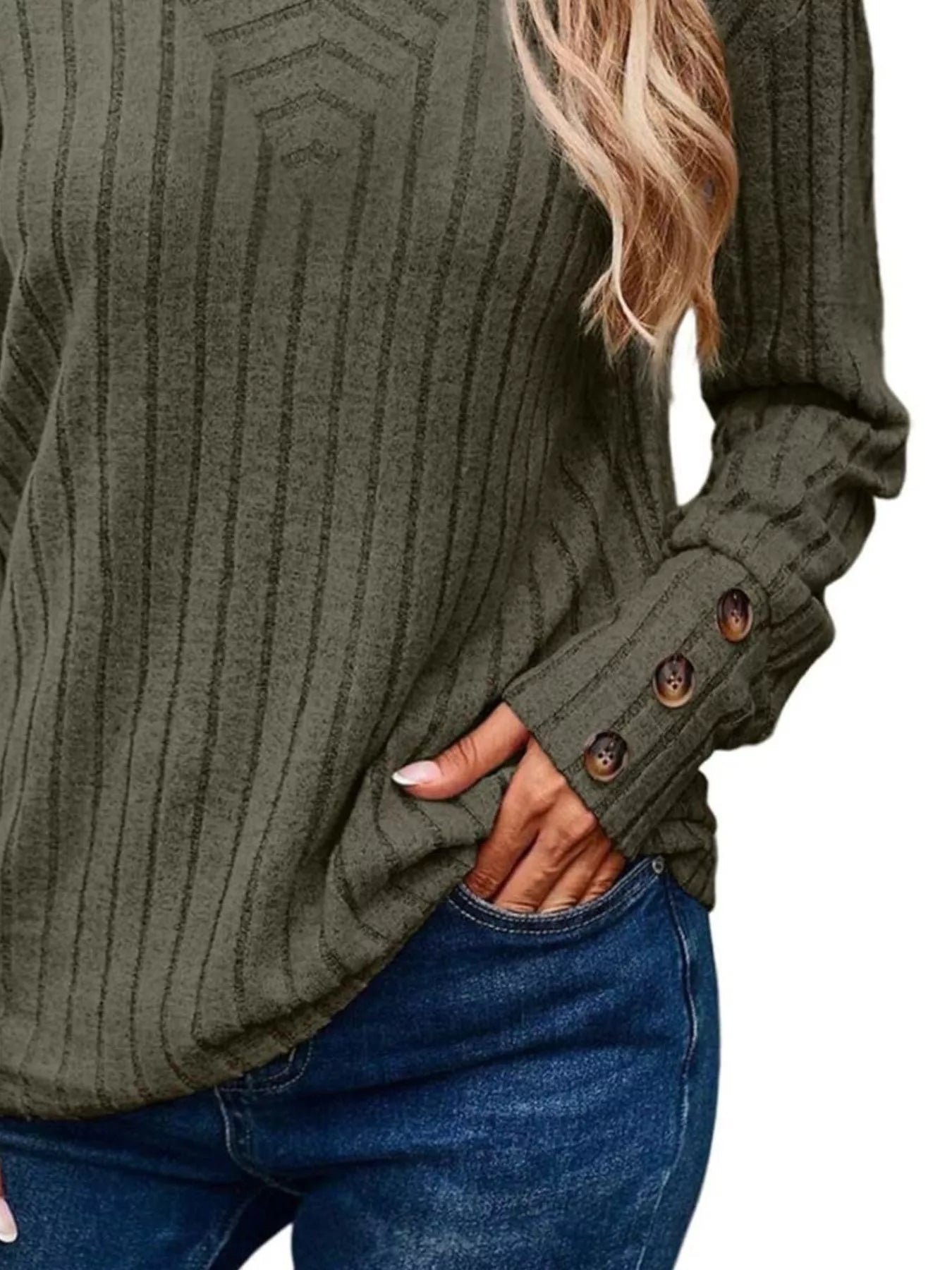 Ribbed V-Neck Long Sleeve Top 