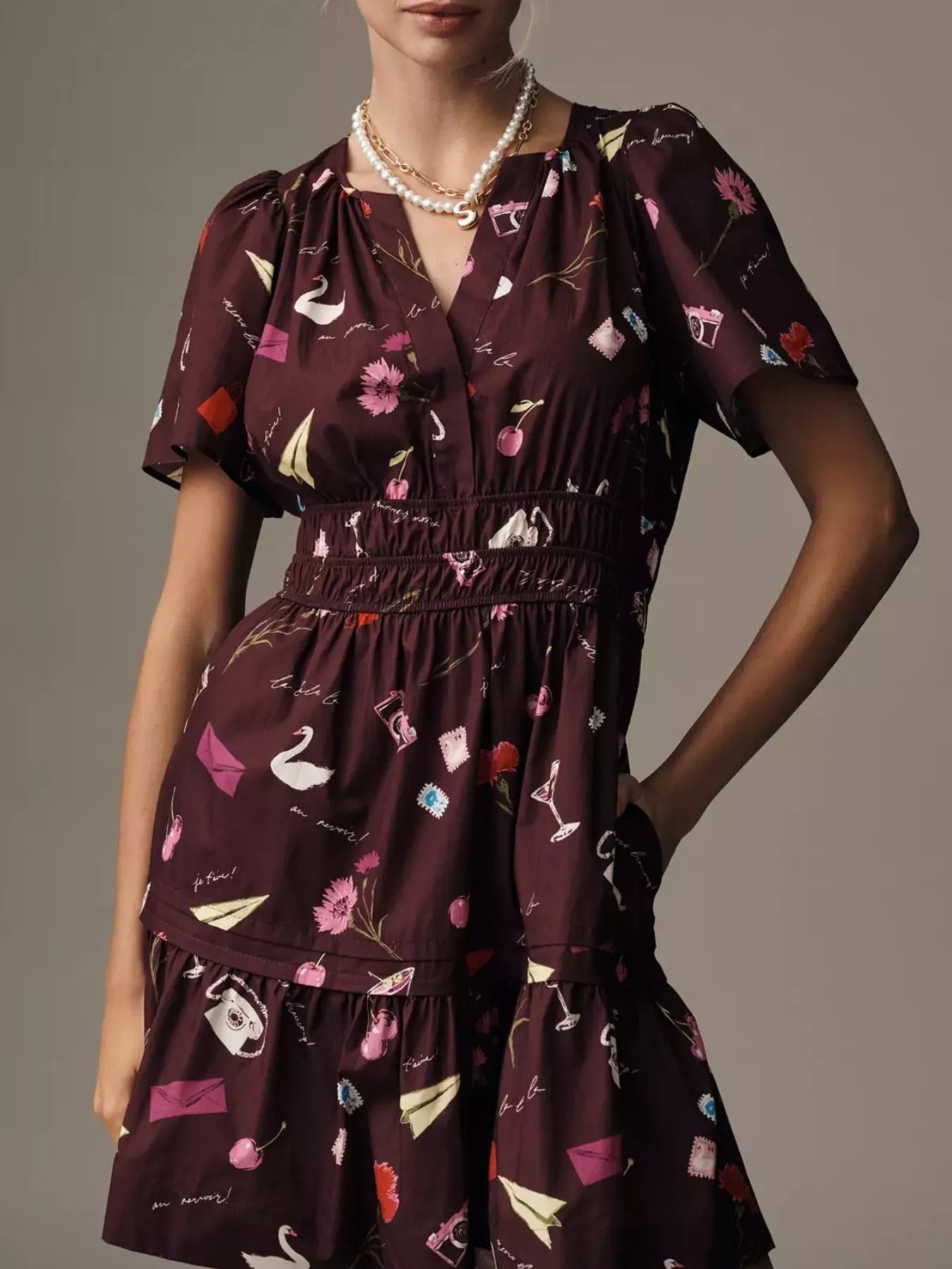 Printed Notched Short Sleeve Dress 