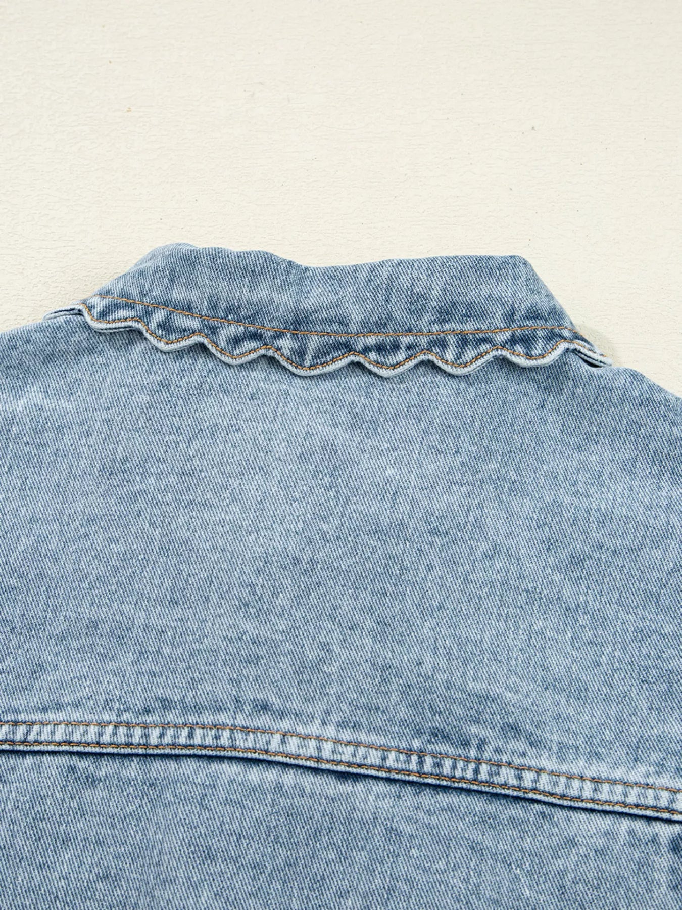 Scallop Trim Collar Patched Pocket Button Up Denim Jacket 