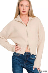 Zenana Ribbed Collared Zip Up Sweater Cardigan 